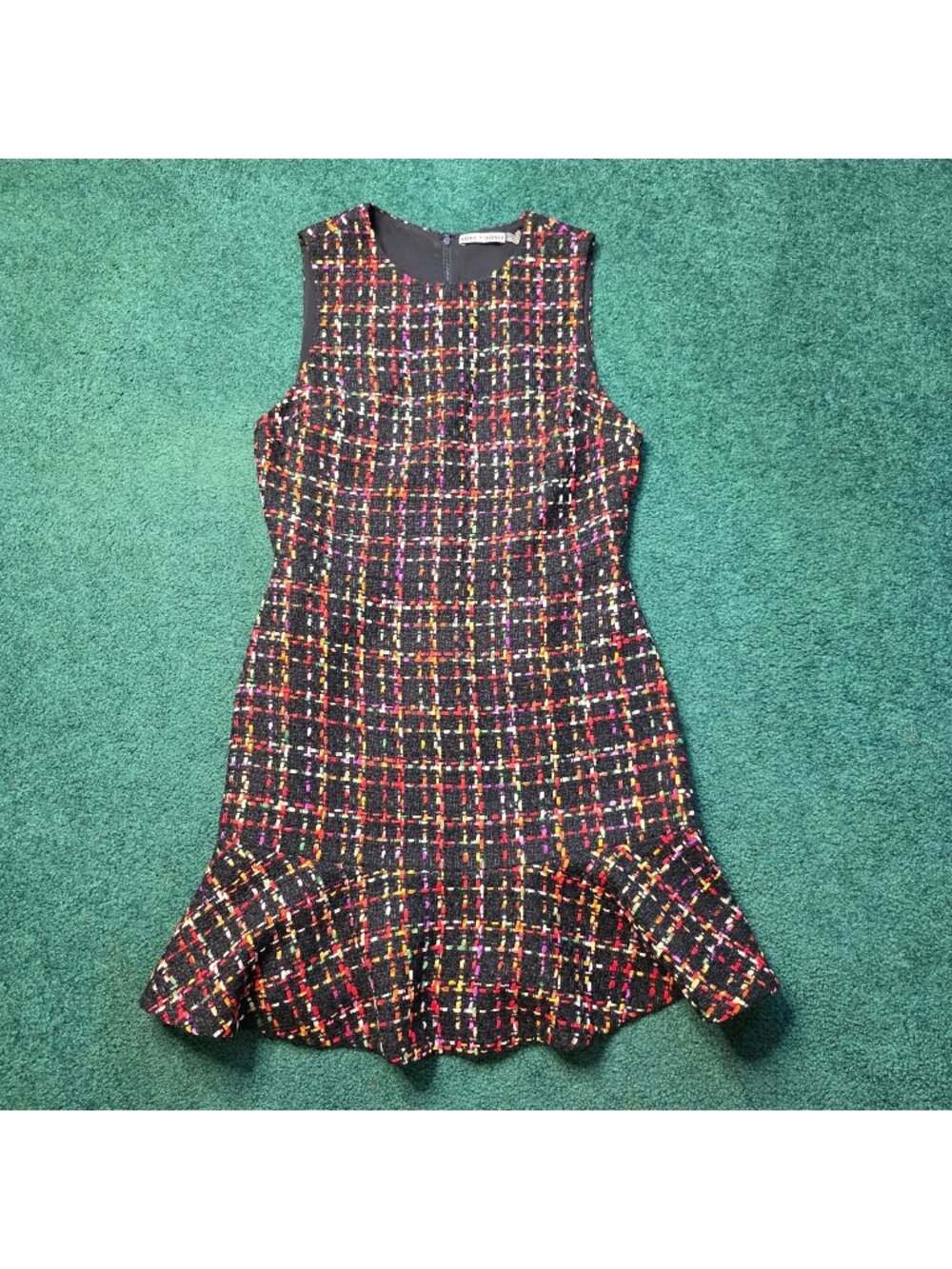 Alice + Olivia Sonny Tweed Ruffle Skater Dress Sz 12 Black/Multicolor Sleeveless